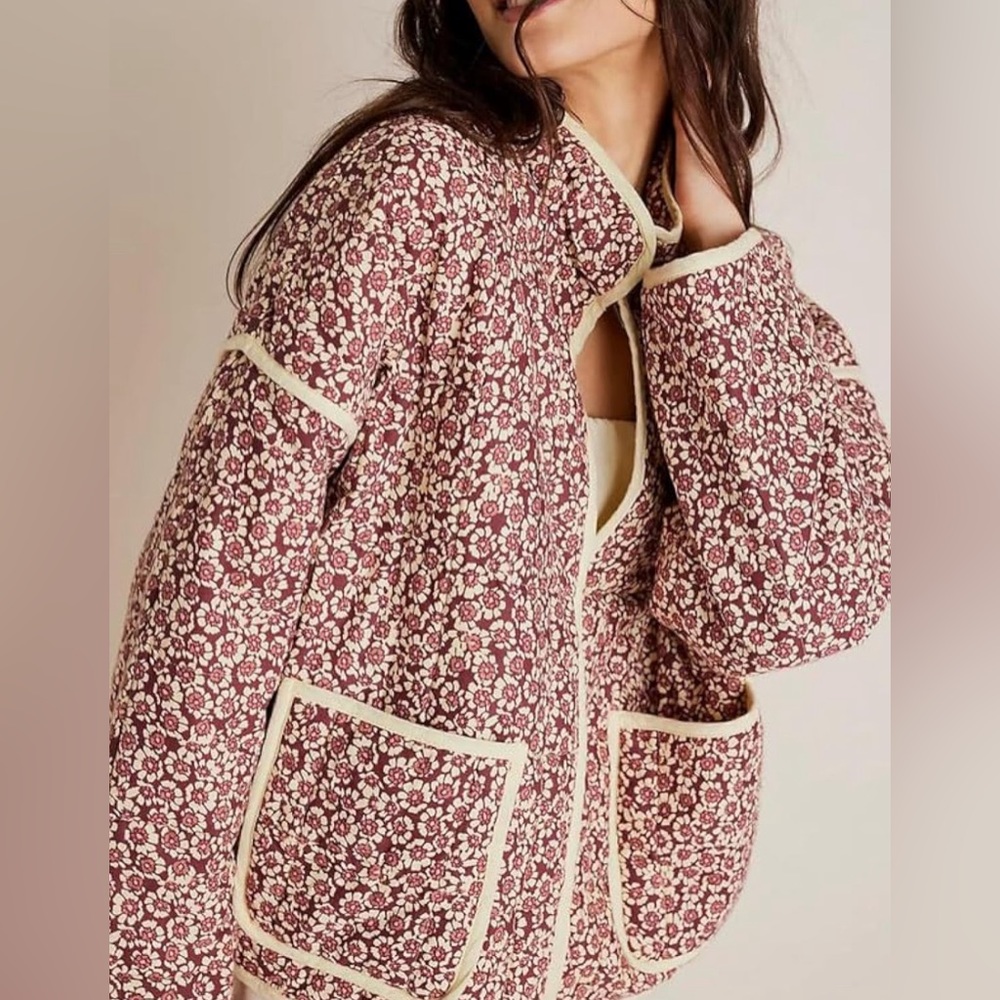 Floral Print Cropped Quilted Jacket Cardigan Open Front Padded Lightweig…
